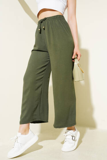 Bel Lastikli Geniş Paça Ayrobin Pantolon Haki - Kadın Giyim Modelleri