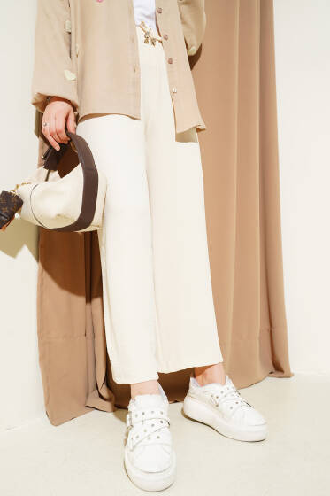 Bel Lastikli Geniş Paça Ayrobin Pantolon Krem - Pantolon