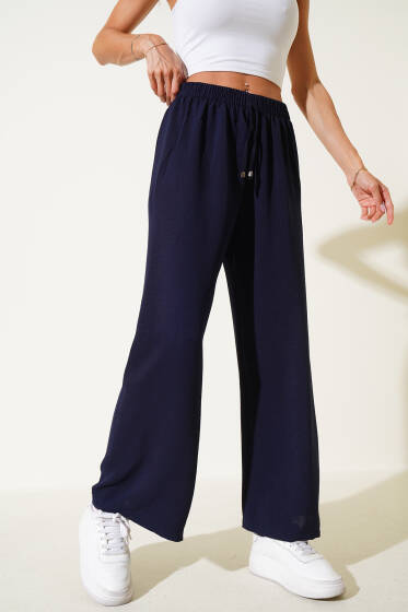 Bel Lastikli Geniş Paça Ayrobin Pantolon Lacivert - Kadın Giyim Modelleri