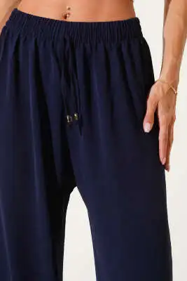 Bel Lastikli Geniş Paça Ayrobin Pantolon Lacivert - Kadın Giyim Modelleri