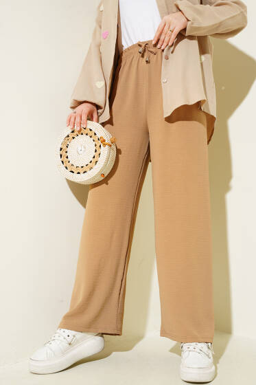 Bel Lastikli Geniş Paça Ayrobin Pantolon Latte - Pantolon