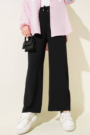 Bel Lastikli Geniş Paça Ayrobin Pantolon Siyah - Pantolon