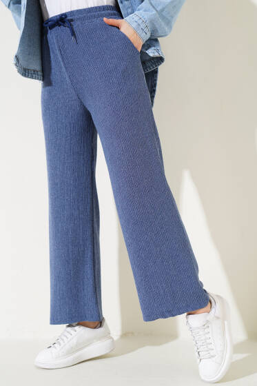 Bel Lastikli Geniş Paça Bürümcük Pantolon İndigo - Pantolon