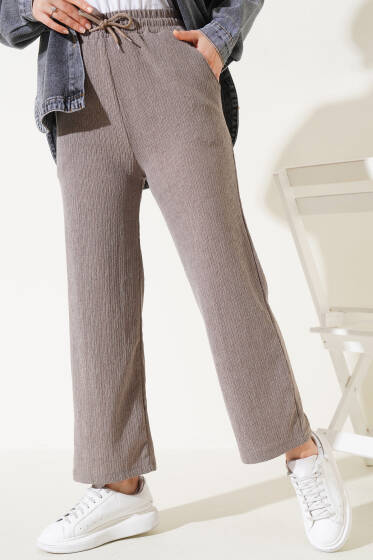 Bel Lastikli Geniş Paça Bürümcük Pantolon Vizon - Pantolon