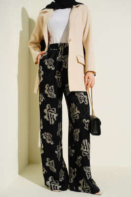 Bel Lastikli Geniş Paça Desenli Pantolon Siyah - ESTELLE