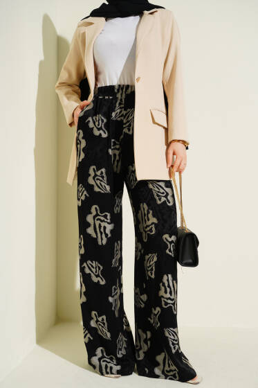 Bel Lastikli Geniş Paça Desenli Pantolon Siyah - Pantolon