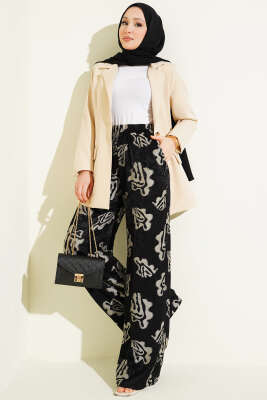 Bel Lastikli Geniş Paça Desenli Pantolon Siyah - Pantolon
