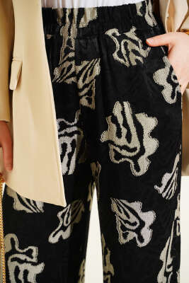 Bel Lastikli Geniş Paça Desenli Pantolon Siyah - Pantolon