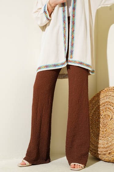 Bel Lastikli Geniş Paça Gofre Pantolon Kahve - Pantolon