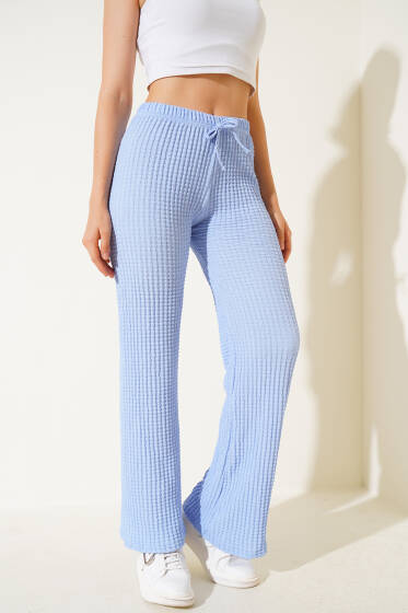 Bel Lastikli Geniş Paça Gofre Pantolon Mavi - Kadın Giyim Modelleri