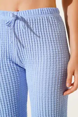 Bel Lastikli Geniş Paça Gofre Pantolon Mavi - Kadın Giyim Modelleri