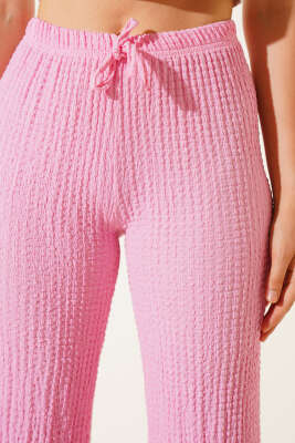 Bel Lastikli Geniş Paça Gofre Pantolon Pembe - Pantolon