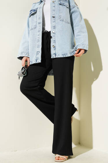 Bel Lastikli Geniş Paça Gofre Pantolon Siyah - Pantolon