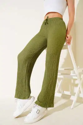 Bel Lastikli Geniş Paça Gofre Pantolon Yeşil 