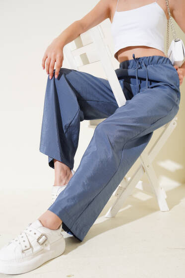 Bel Lastikli Geniş Paça Parlak Pantolon İndigo - Kadın Giyim Modelleri
