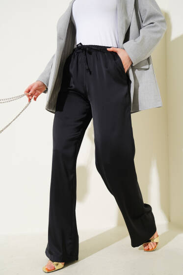 Bel Lastikli Geniş Paça Saten Pantolon Siyah - Pantolon
