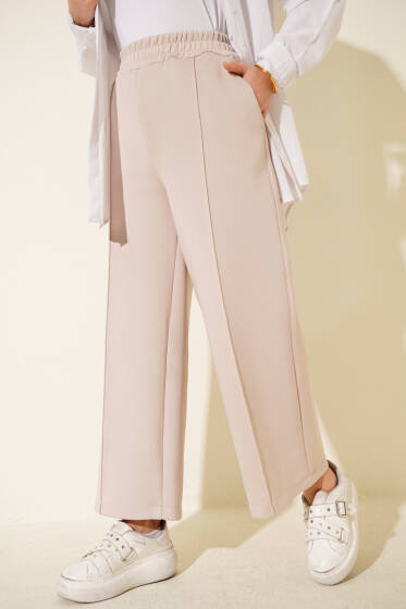 Bel Lastikli Geniş Paça Scuba Pantolon Bej - Pantolon