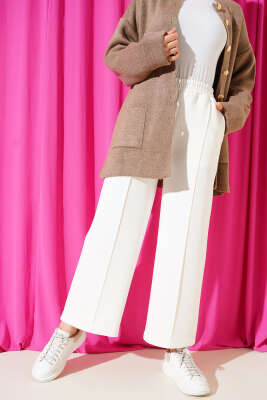 Bel Lastikli Geniş Paça Scuba Pantolon Beyaz - Pantolon