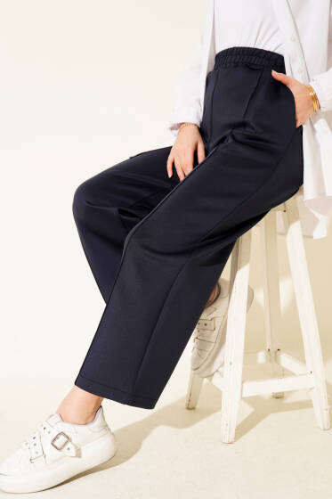 Bel Lastikli Geniş Paça Scuba Pantolon Lacivert - Pantolon