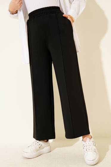 Bel Lastikli Geniş Paça Scuba Pantolon Siyah - Pantolon