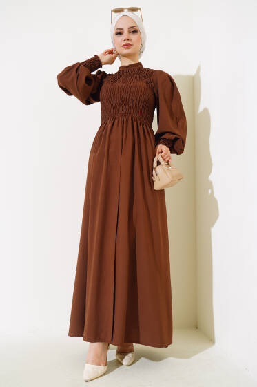 Bel Lastikli Gipeli Elbise Kahve - Elbise