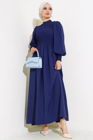 Bel Lastikli Gipeli Elbise Lacıvert - Elbise