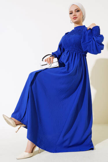 Bel Lastikli Gipeli Elbise Saks - Elbise