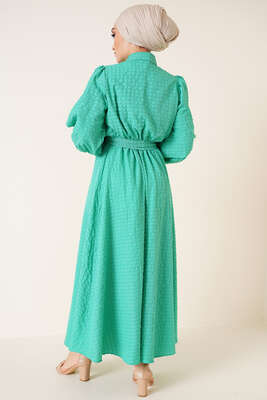 Bel Lastikli Gofre Elbise Yeşil - Thumbnail