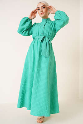 Bel Lastikli Gofre Elbise Yeşil - Thumbnail