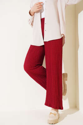 Bel Lastikli Gofre Pantolon Bordo - Pantolon