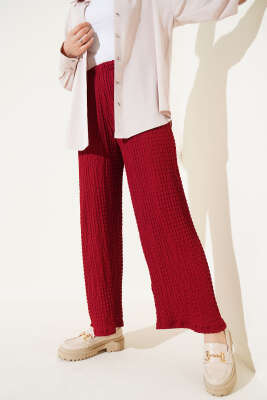 Bel Lastikli Gofre Pantolon Bordo - Pantolon