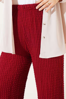 Bel Lastikli Gofre Pantolon Bordo - Pantolon