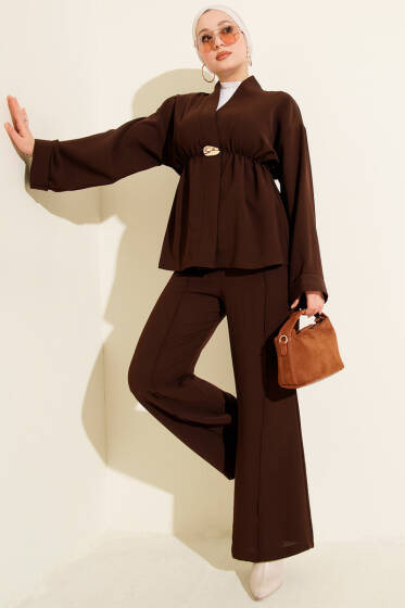 Bel Lastikli Gold Aksesuarlı İkili Takım Kahve - İkili Takım