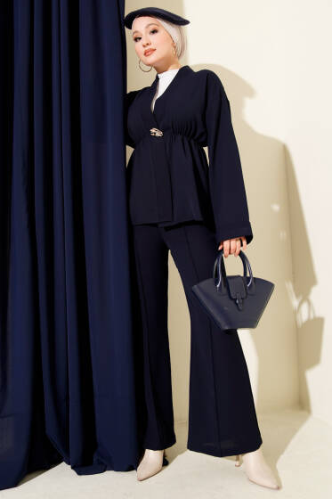Bel Lastikli Gold Aksesuarlı İkili Takım Lacivert - İkili Takım