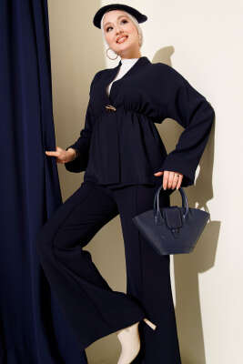 Bel Lastikli Gold Aksesuarlı İkili Takım Lacivert - İkili Takım