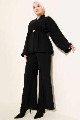 Bel Lastikli Gold Aksesuarlı İkili Takım Siyah - İkili Takım