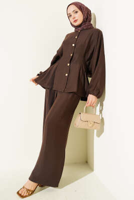 Bel Lastikli Gold Düğmeli Takım Kahve - ZAMANE (QSS)