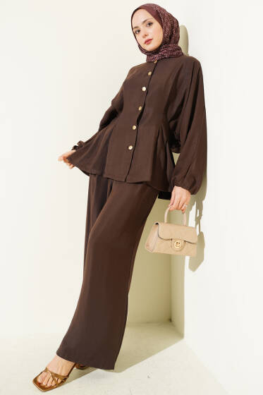 Bel Lastikli Gold Düğmeli Takım Kahve - İkili Takım