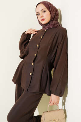 Bel Lastikli Gold Düğmeli Takım Kahve - İkili Takım