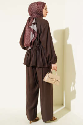 Bel Lastikli Gold Düğmeli Takım Kahve - İkili Takım