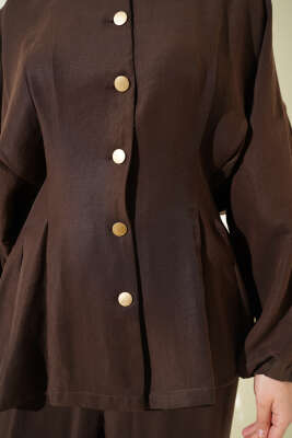 Bel Lastikli Gold Düğmeli Takım Kahve - İkili Takım