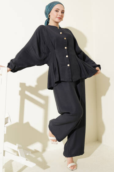 Bel Lastikli Gold Düğmeli Takım Lacivert - İkili Takım