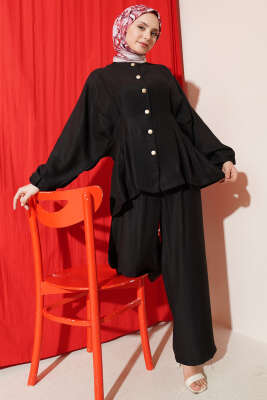 Bel Lastikli Gold Düğmeli Takım Siyah 