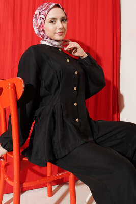 Bel Lastikli Gold Düğmeli Takım Siyah - İkili Takım