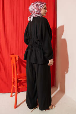 Bel Lastikli Gold Düğmeli Takım Siyah - İkili Takım