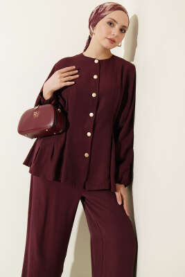 Bel Lastikli Gold Düğmeli Takım Vişne 