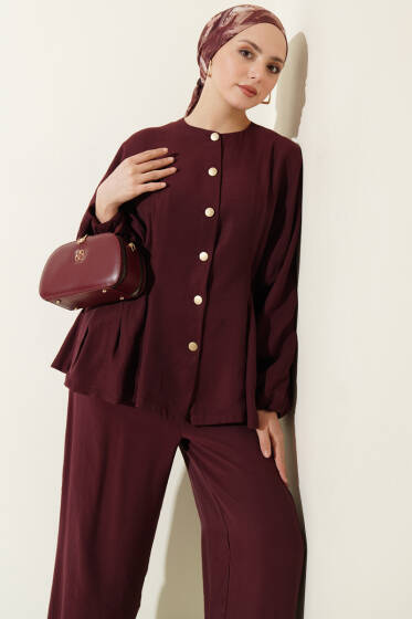 Bel Lastikli Gold Düğmeli Takım Vişne - İkili Takım