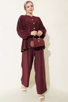 Bel Lastikli Gold Düğmeli Takım Vişne - İkili Takım