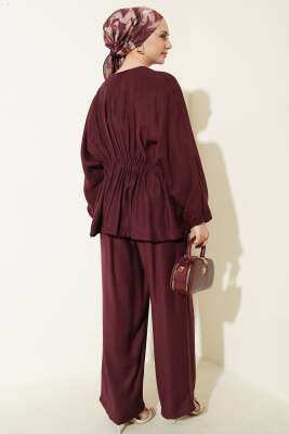 Bel Lastikli Gold Düğmeli Takım Vişne - İkili Takım