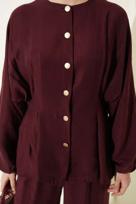 Bel Lastikli Gold Düğmeli Takım Vişne - İkili Takım